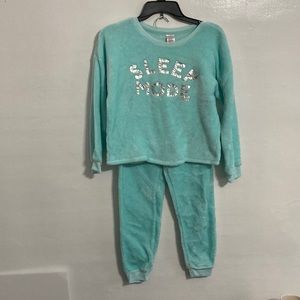 Justice, teal, fuzzy, sleep mode, pajama set size large, 12 14